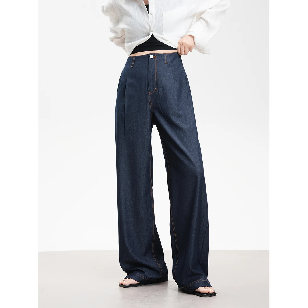BELIN 丹宁明线设计感宽松长裤复古百搭高腰显瘦阔腿裤女25夏新款