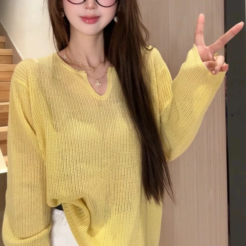 韩版V领肌理感针织衫上衣女春薄款小众设计防晒t恤罩衫