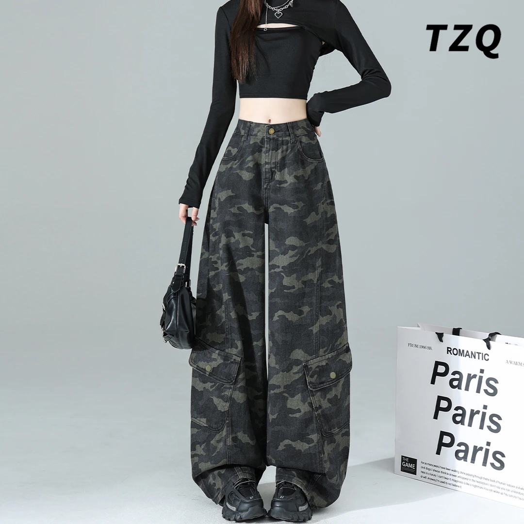 美式复古迷彩弯刀牛仔裤女秋2025大口袋宽松休闲阔腿裤TZQ2592623