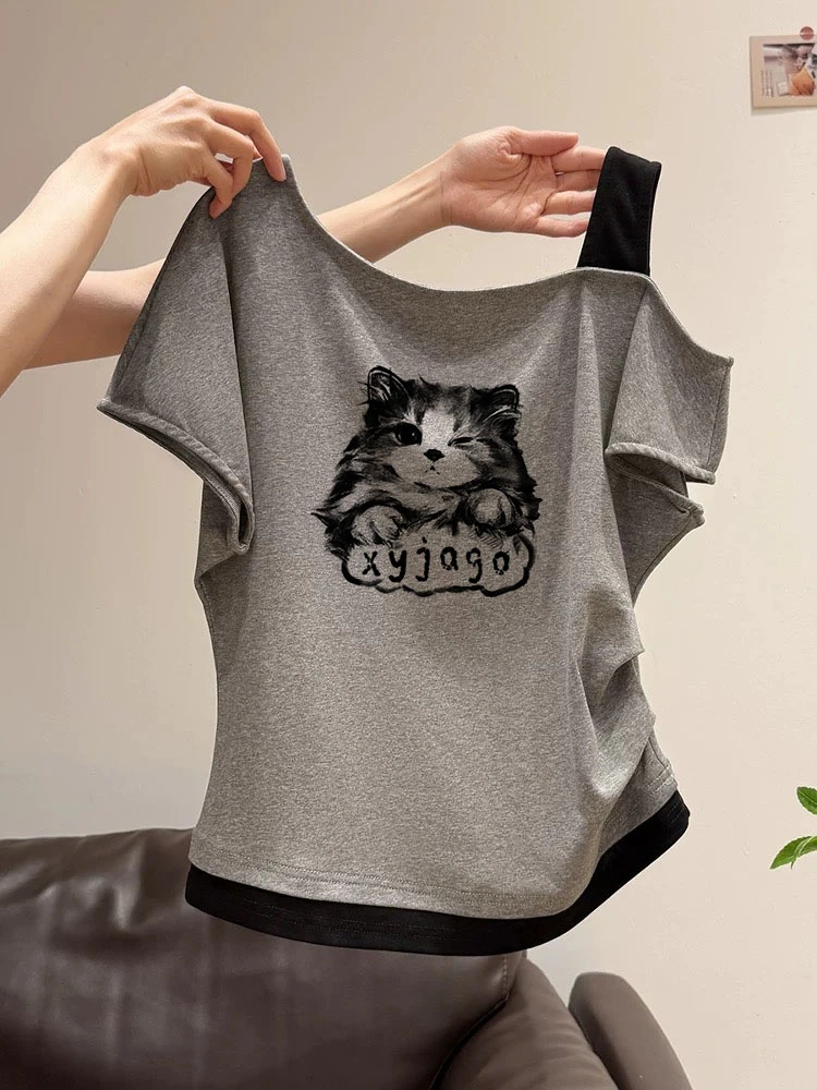 韩版时尚纯欲显瘦上衣夏季气质减龄假两件百搭斜肩短袖T恤女爆款