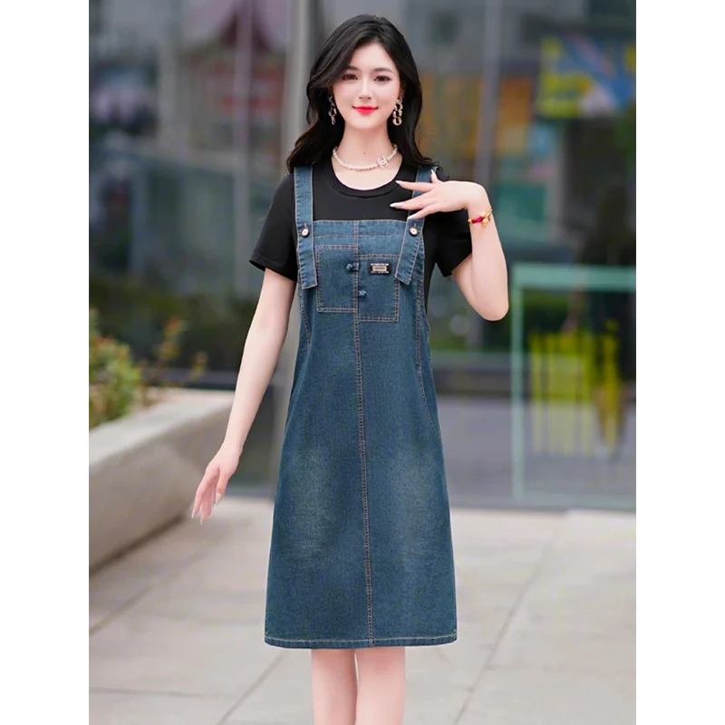 牛仔连衣裙2025新款女夏妈妈广州十三行小个子拼接背带假两件套装