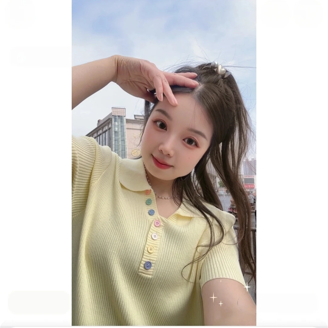 大码韩版洋气彩色纽扣翻领时尚显瘦胖mm百搭T恤宽松女短袖针织衫