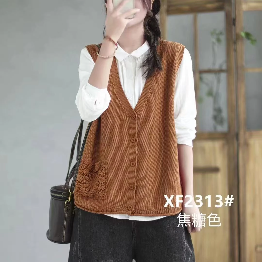 2313新款棉线针织马甲纯色女士上衣休闲坎肩马甲带兜
