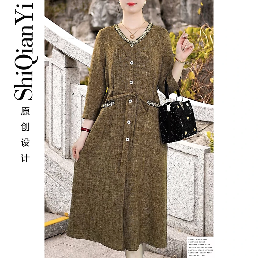 【诗千逸定制-亚麻】轻奢复古气质时尚百搭收腰显瘦女士连衣裙A1504