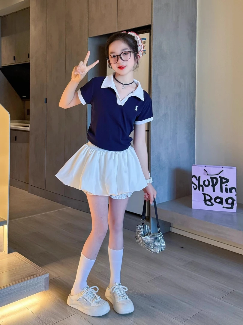 女童夏季POLO衫花苞裙裤套装中大童时髦洋气儿童夏装网红炸街衣服