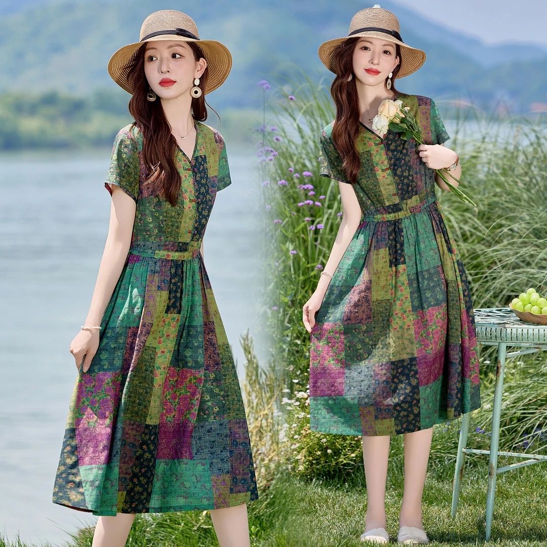 优雅气质印花夏季2025中长款连衣裙显瘦时尚气质碎花女装洋气宽松