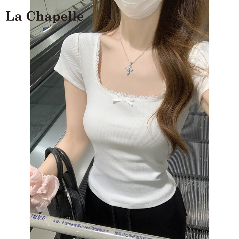 拉夏贝尔简约方领修身T恤女夏季2025新款方领蕾丝百搭老钱风女装