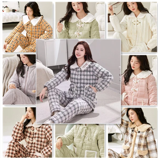 【品牌高货清仓1】睡衣冬季女加绒加厚新款三层夹棉袄冬款家居服套
