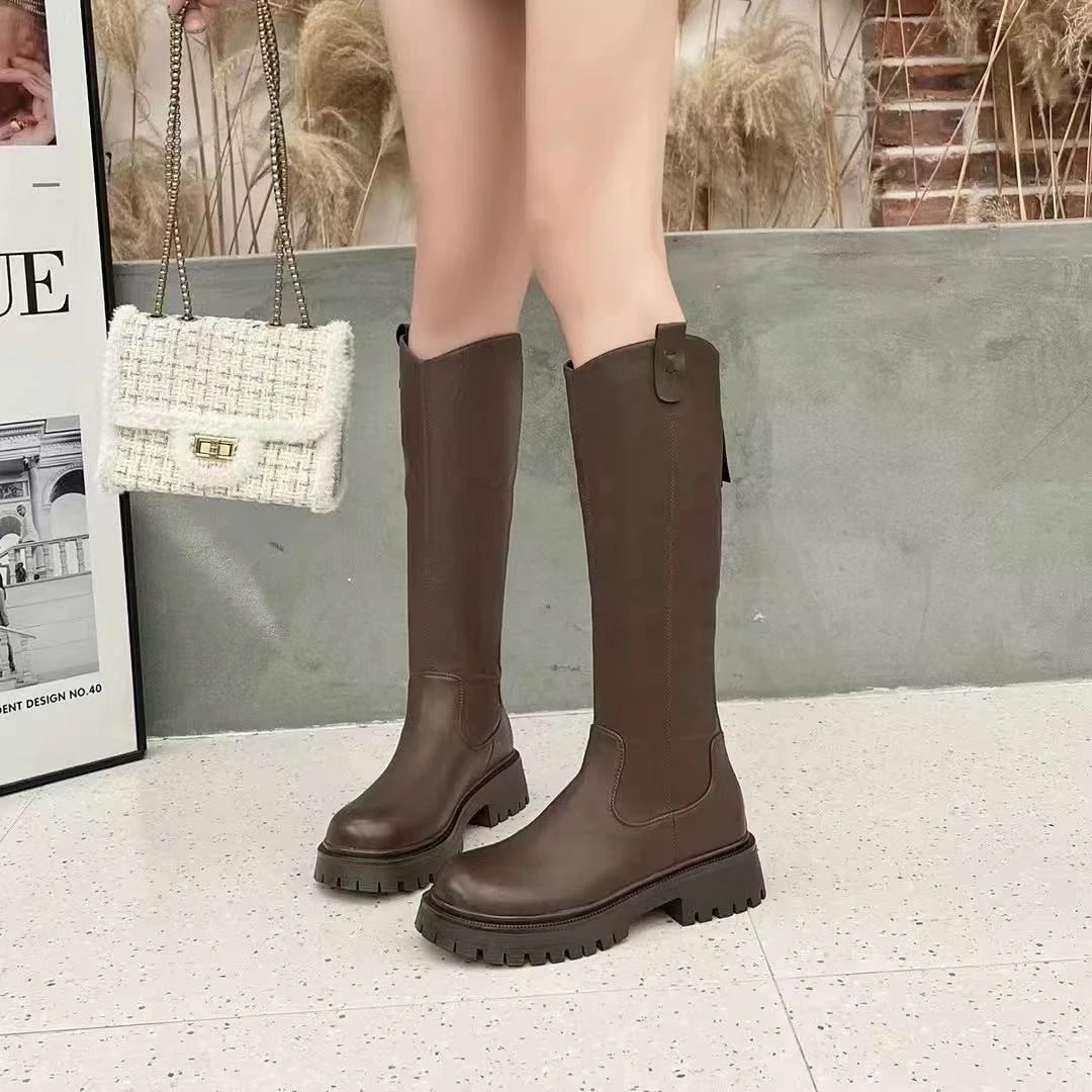 秋冬新款复古时尚百搭厚底显瘦V口不过膝长靴C8039-1(加绒)