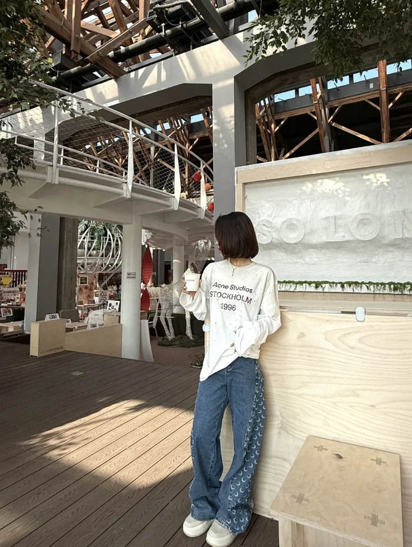 GXW2025SS 月亮印花拼接直筒牛仔裤