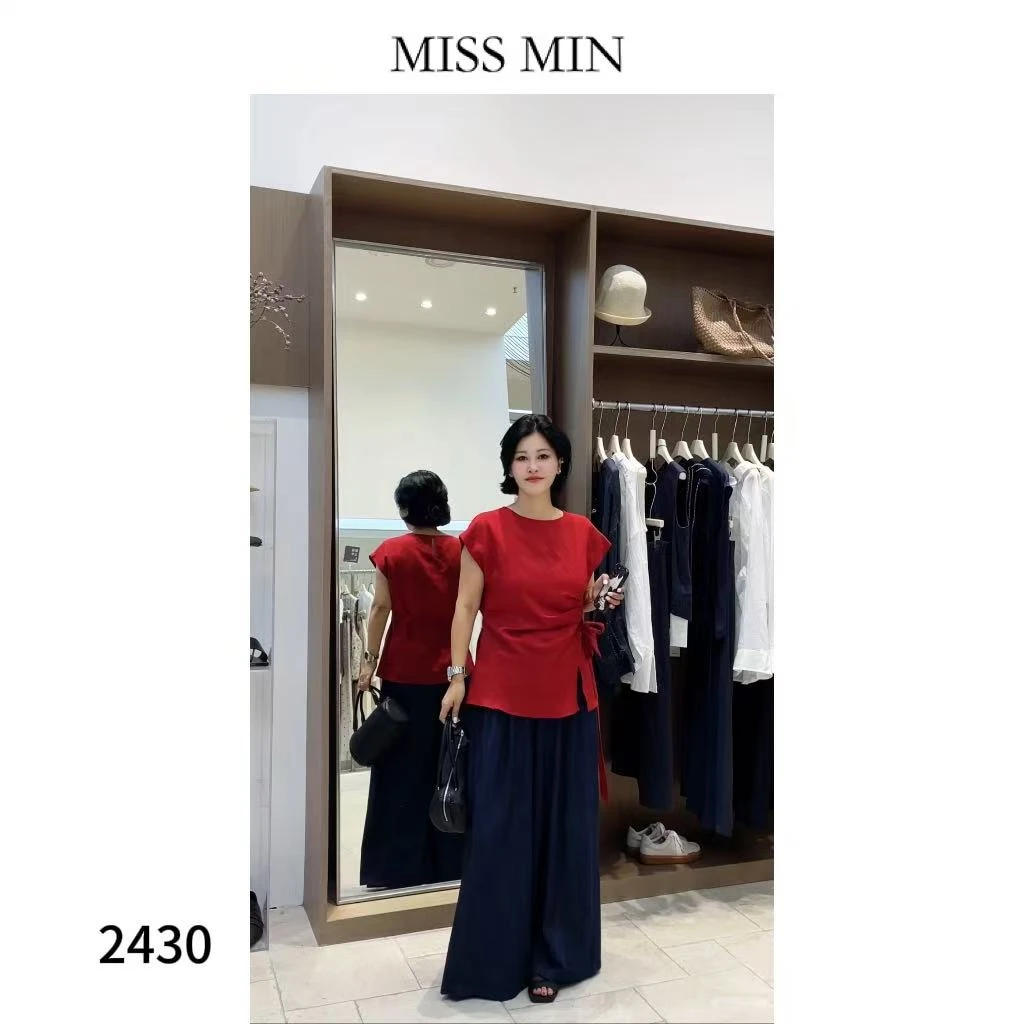 MISS MIN 【幽雅】圆领系绳收腰打皱设计感洋气衣服女显瘦上衣 2430
