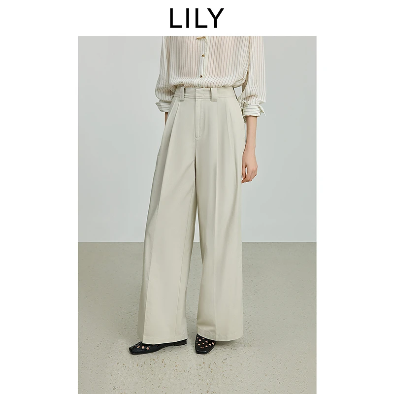 LILY2025秋新款莱赛尔棉老钱风双褶垂感西裤阔腿裤女125329C5921