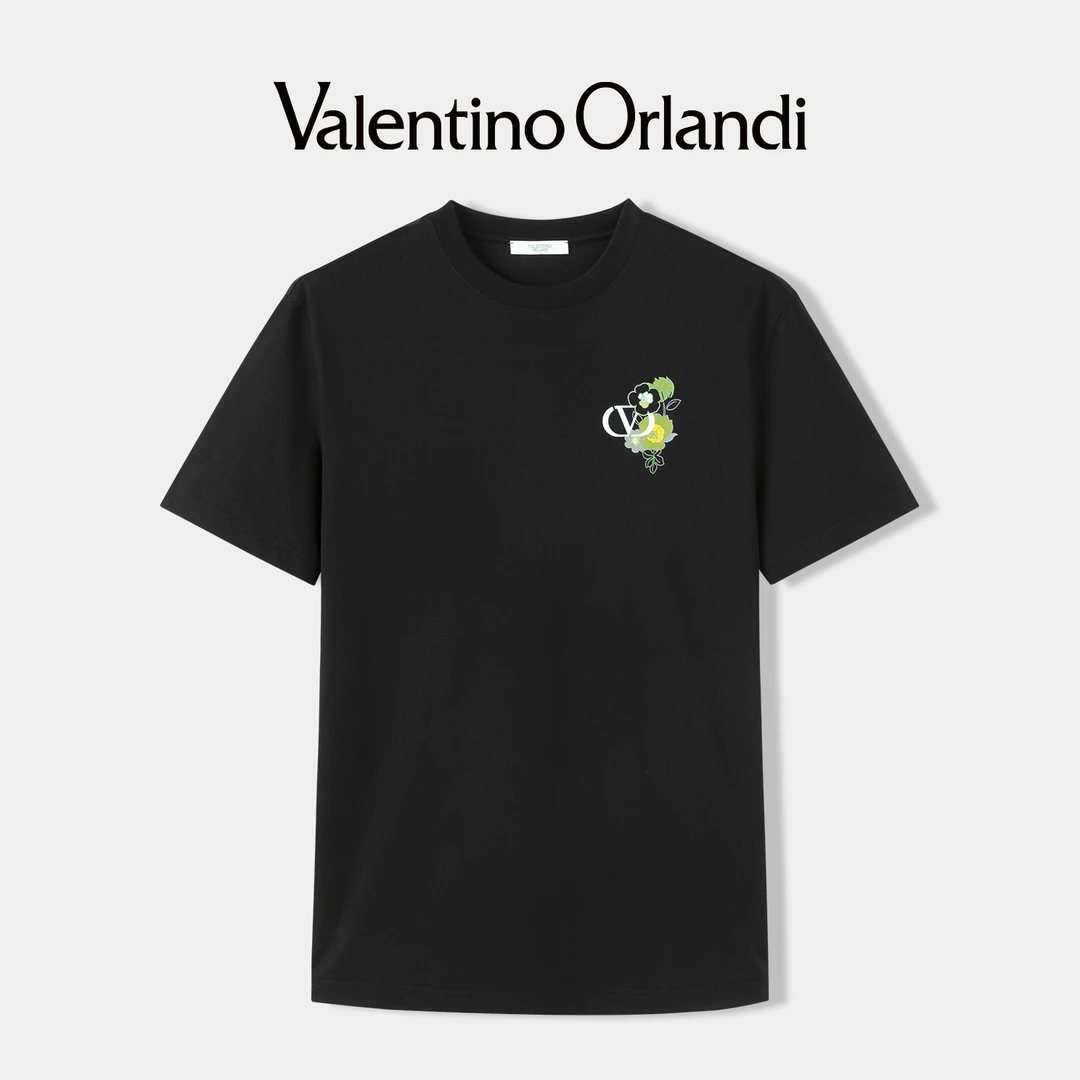 Valentino orlandi男士夏季时尚百搭休闲花卉小标logo印花短袖T恤