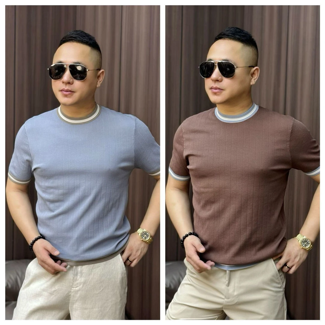 孙先生｜秋季男士简奢半袖坑条纹圆领撞色半袖635