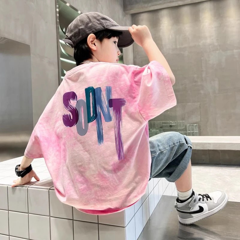 夏季儿童纯棉圆领上衣2025新款男童短袖宽松夏装T恤印花时髦t恤潮