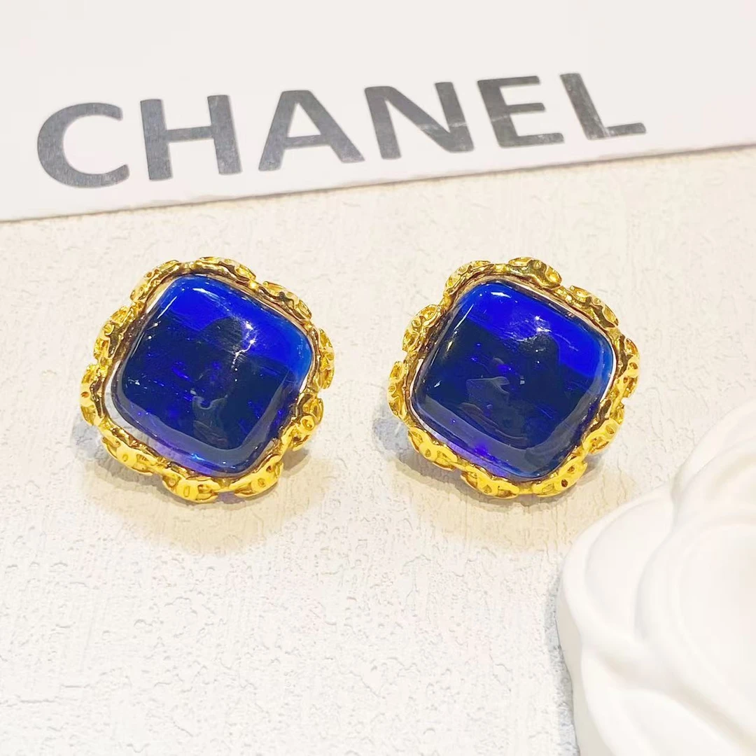 95新 Chanel/香奈儿 中古蓝琉璃素金双C耳夹/CJ54028