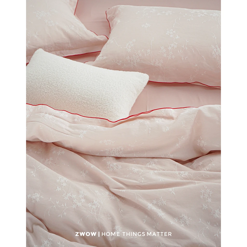 造卧zwow2025少女风提花肌理亲肤粉色红密拷边100全棉四件套