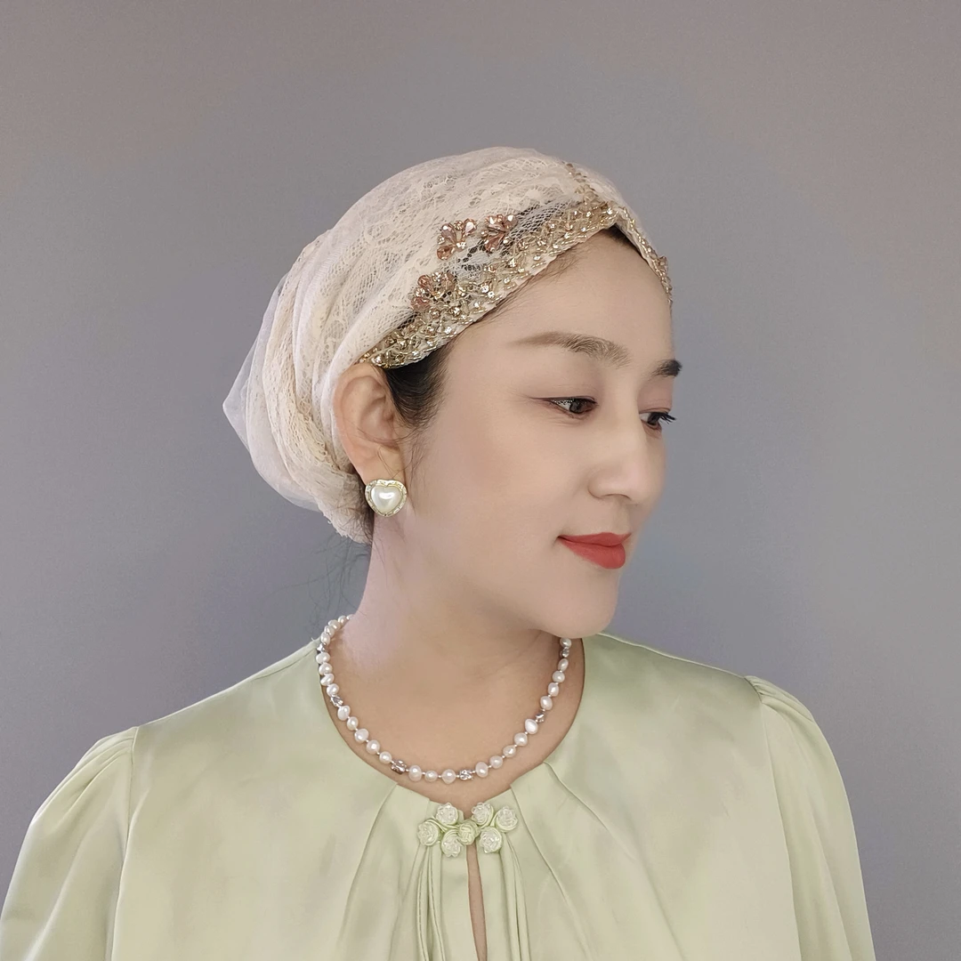 蕾丝双层纱串珠工艺披肩帽轻奢时尚