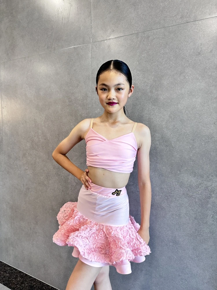 2025新款儿童拉丁舞服粉色吊带花边练功服演出舞蹈服跳舞蕾丝套装
