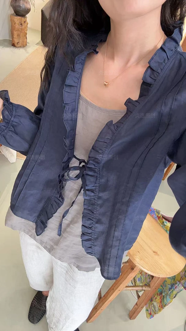 1349-防晒夏季苎麻长袖纯色衬衫防晒衣简约风洋气上衣木耳边