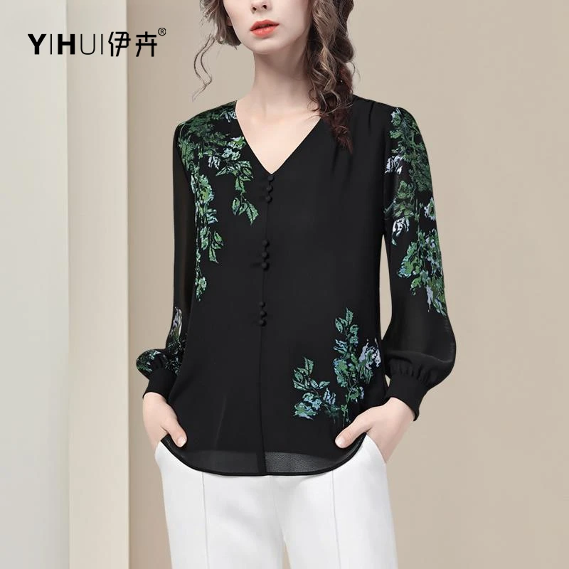 YIHUI伊卉雪纺衫女夏宽松印花时尚七分袖百搭显瘦遮肚子SC255620