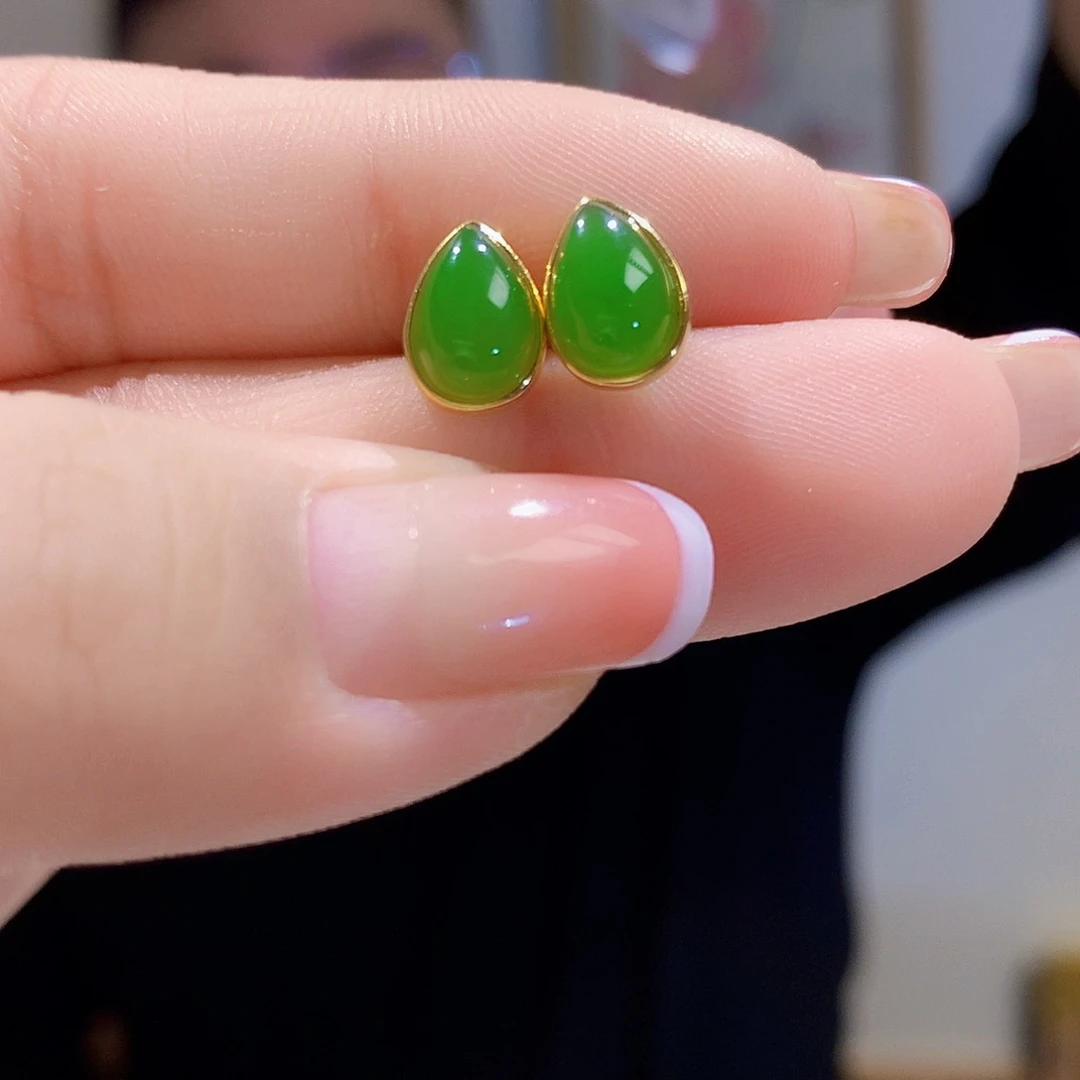 和田玉（碧玉）耳饰银S925镀金镶嵌