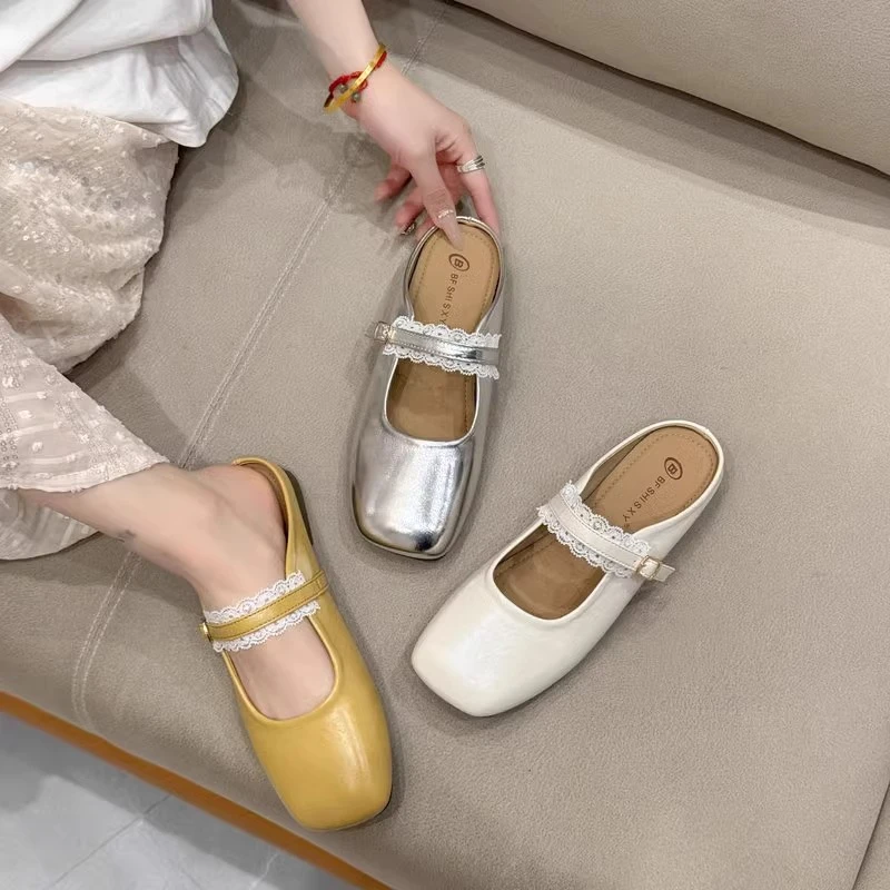 韩版甜美蕾丝平底凉拖鞋女夏季舒适轻便外穿半拖搭裙子通勤包头拖