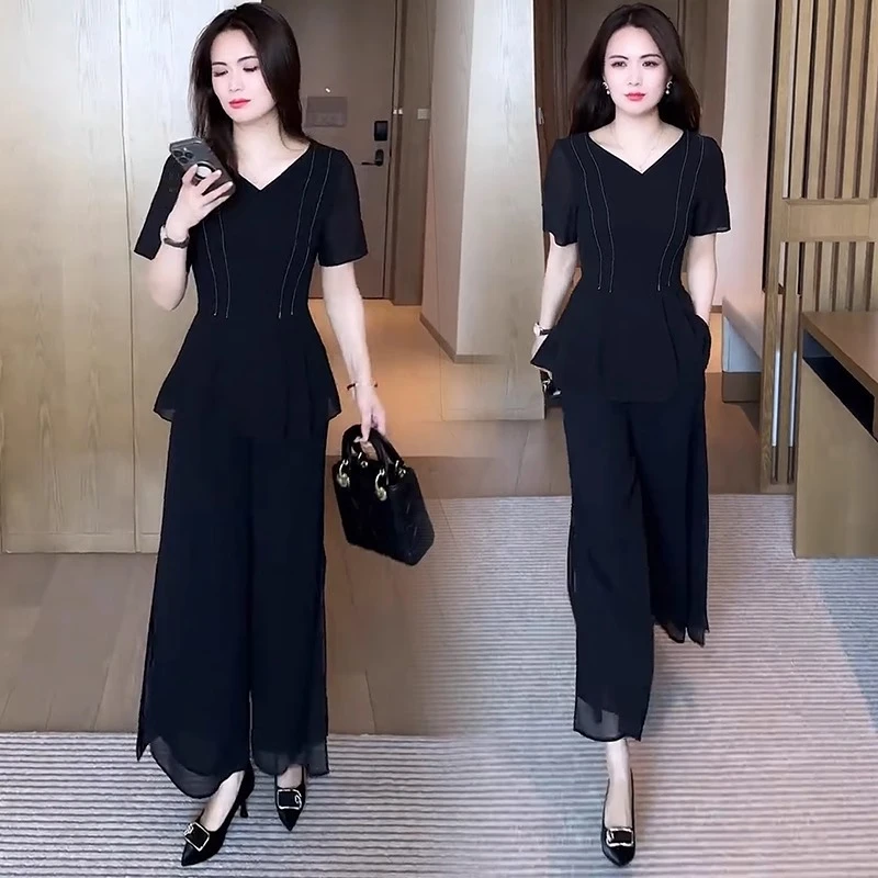 夏季时尚套装女2025新款洋气显瘦遮肉短袖阔腿裤气质减龄两件套潮