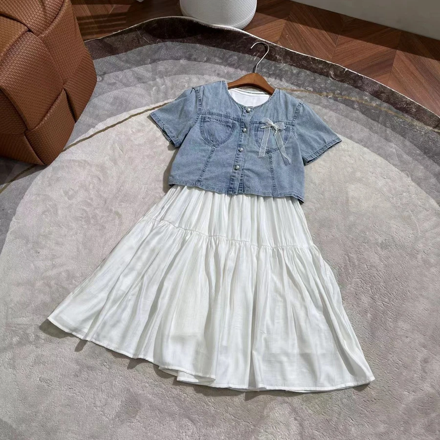 夏季女大童甜酷连衣裙套装夏装背心长裙+牛仔短袖两件套-SU129