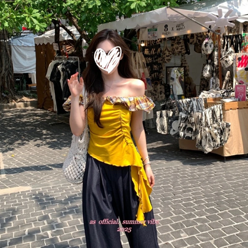 美式性感一字肩格子T恤女2025夏季新款设计感修身显瘦飘带上衣女