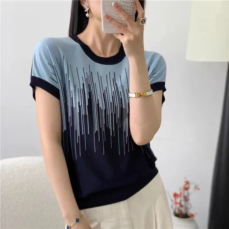 【流星雨】夏季圆领莱赛尔天丝渐变撞色针织短袖t恤女宽松显瘦套