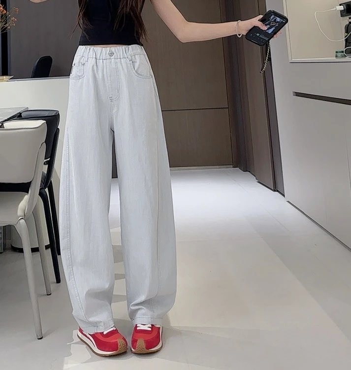 跳跳鱼童装   2025夏季薄款时尚高腰显瘦宽松白色牛仔裤279070