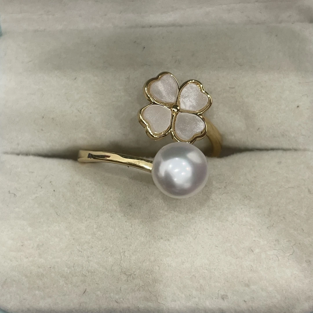 淡水极光新款四叶草珍珠戒指