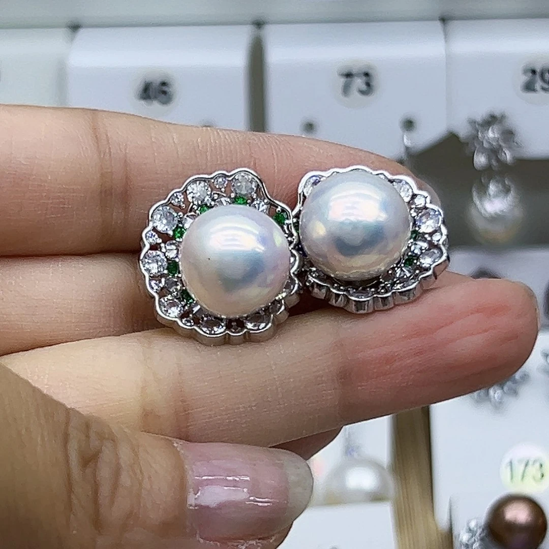 银S925镶嵌耳钉淡水珍珠