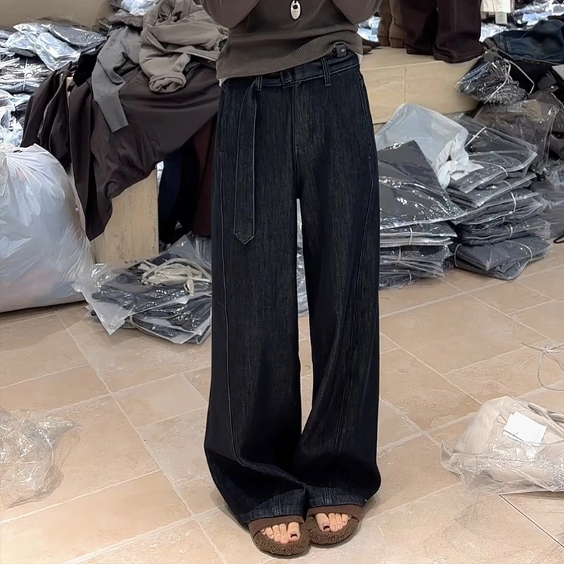 欧货高级感阔腿牛仔裤女2025春秋新款高腰宽松百搭垂感直筒拖地裤