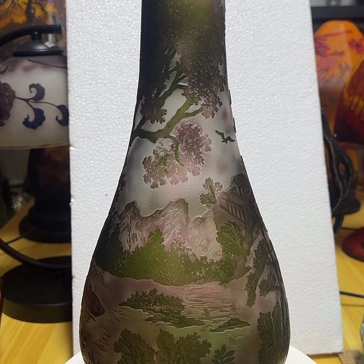 银***3琉璃手工艺品而粉色雕刻花瓶花器高35口4.5