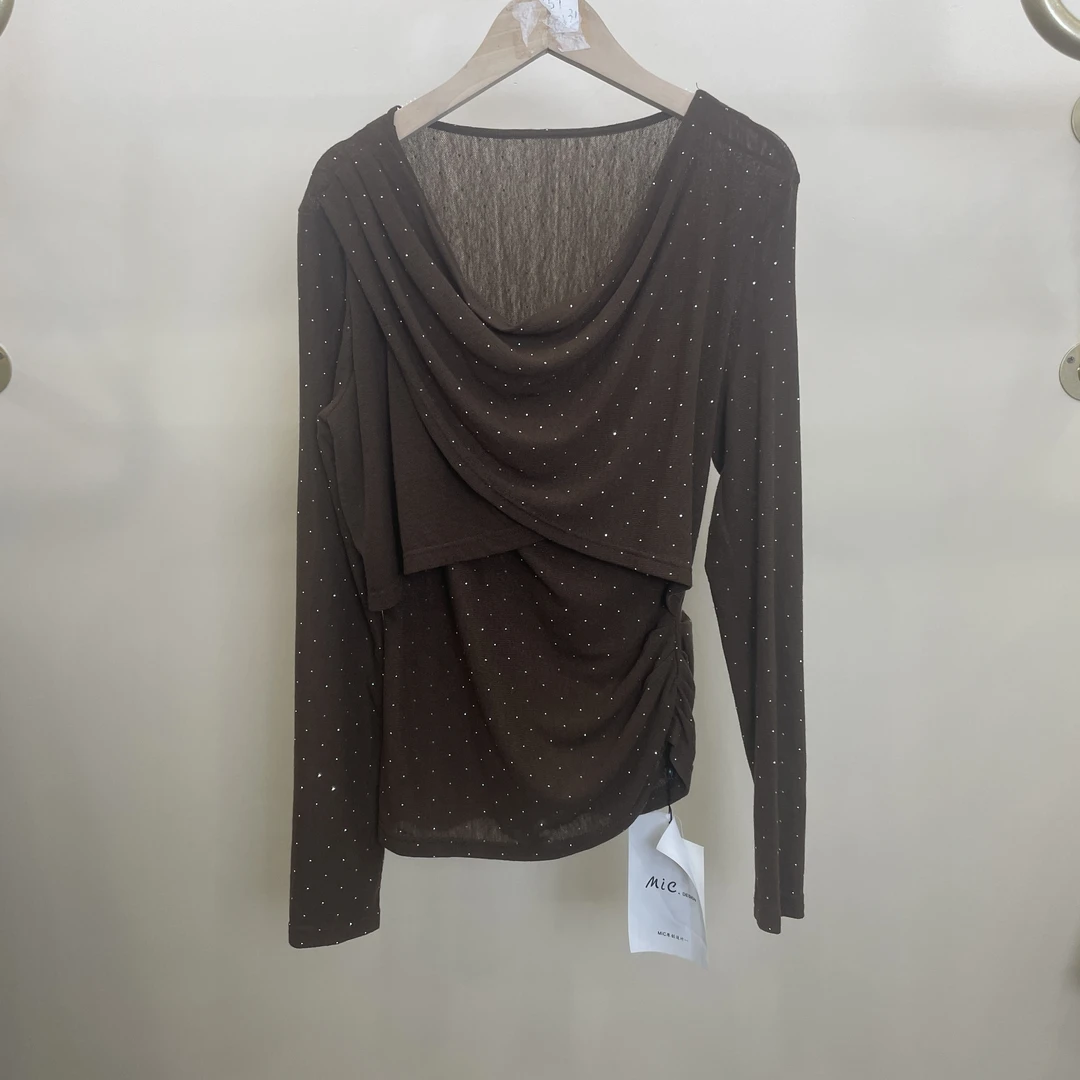 雅尼拉6X271独特别致亮片荡领长袖T恤女设计感微透修身显瘦辣妹