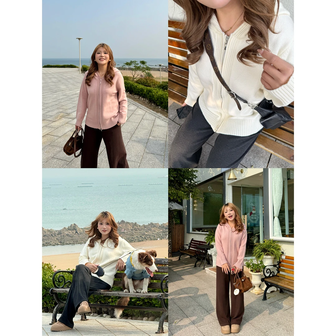 秋冬季韩版慵懒风毛织上衣双拉链毛衣百搭外套微胖大码女装WJ030