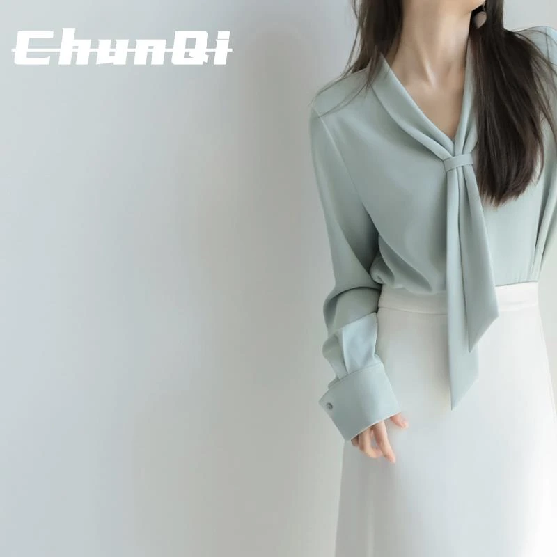 淳启时尚韩货潮牌女装法式优雅飘带雪纺衬衫春秋温柔V领职业衬衫