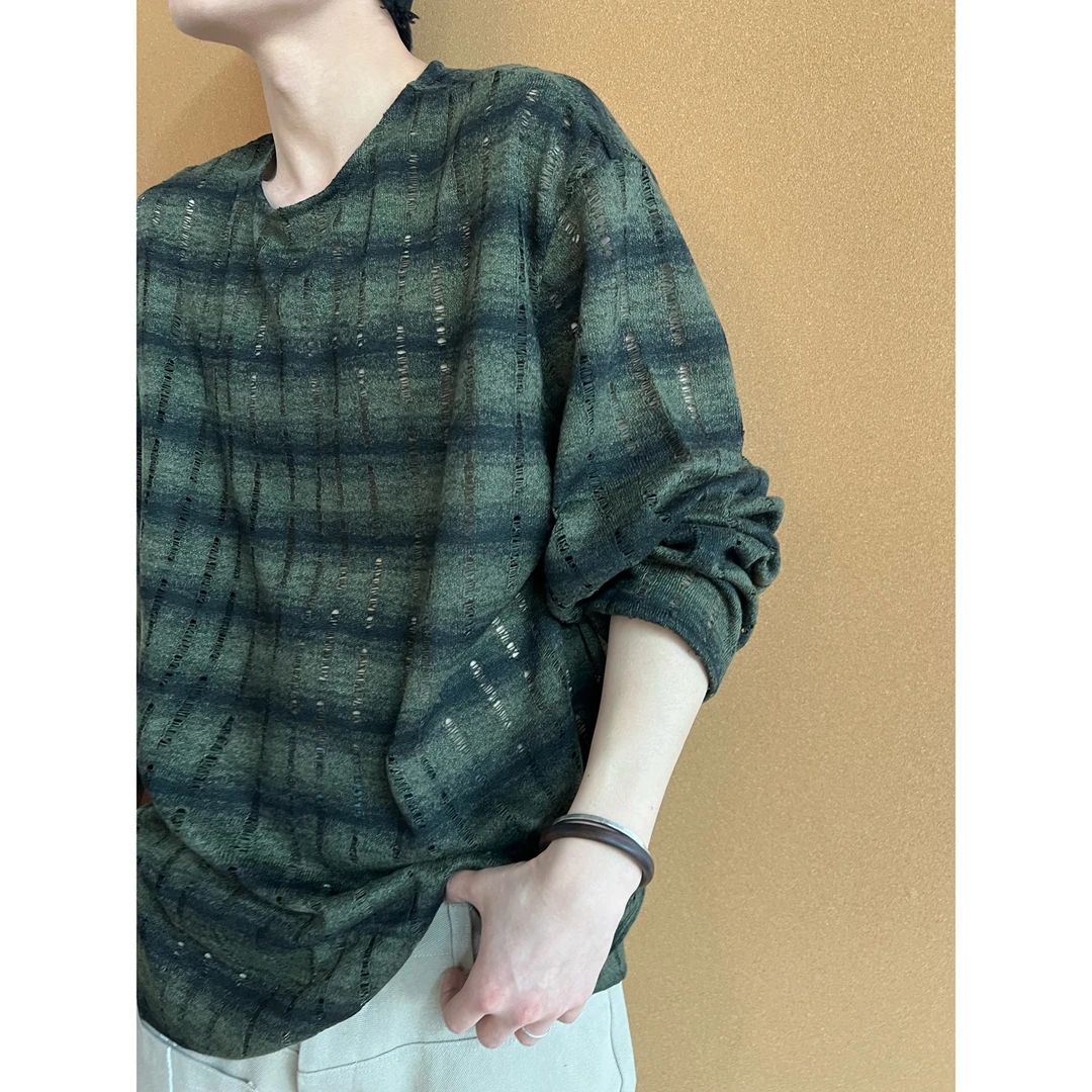 dannyandzee夏季复古百搭破洞条纹一字领半透慵懒长袖打底T恤697