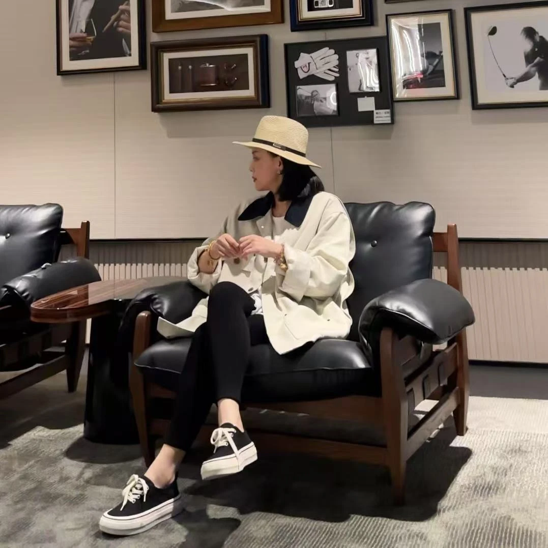 春季巴恩风撞色翻领复古多口袋廓形风衣外套5-2-20