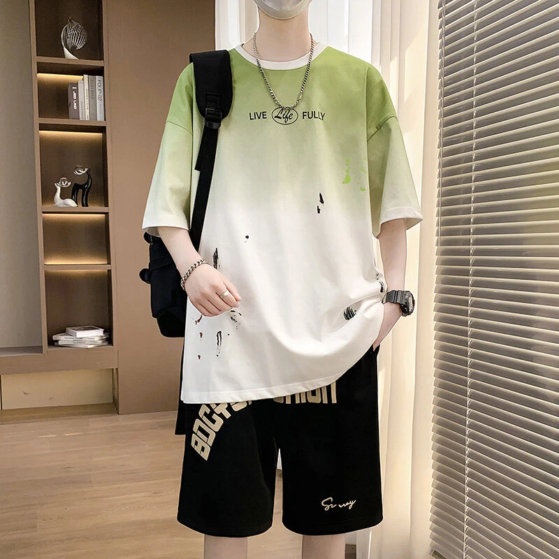 Mexican/稻草人夏季t恤休闲短袖运动套装高棉T恤五分裤套装痞帅男