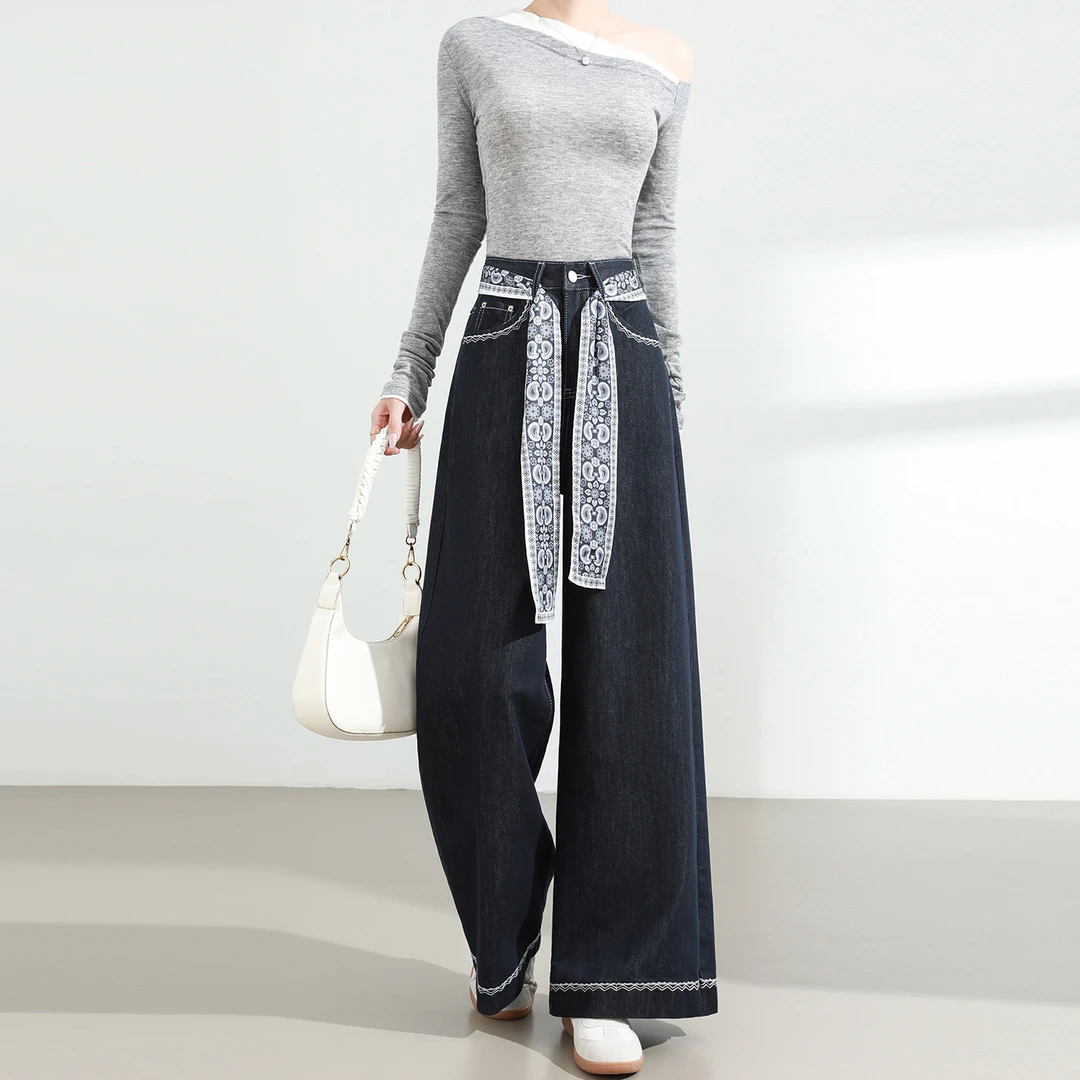 普洗蓝复古阔腿牛仔裤女春秋2025新款高腰显瘦蕾丝腰带直筒拖地裤