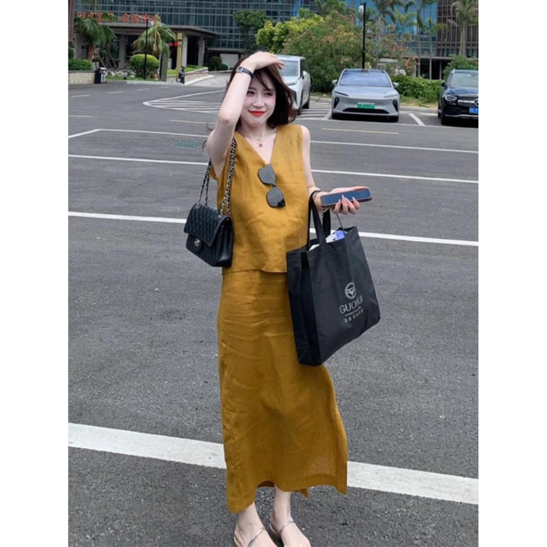 法式气质时尚套装女夏季高级感海边度假精致无袖背心半身裙两件套