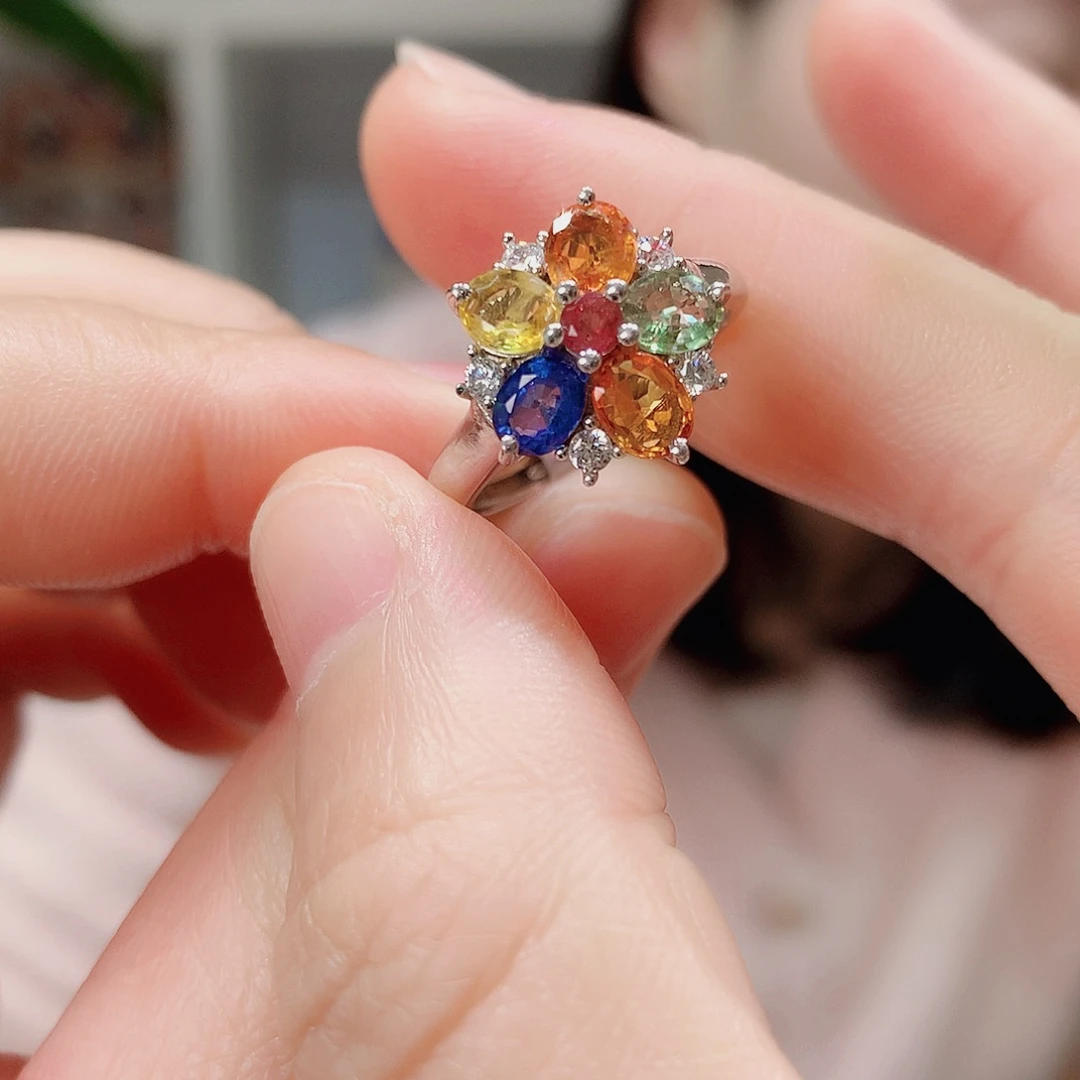 彩色蓝宝石戒指银S925镶嵌