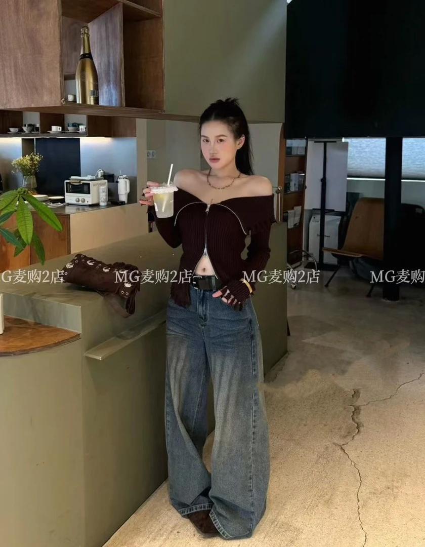 针织常规款秋季女一字领毛针织衫时尚短款开衫不规则