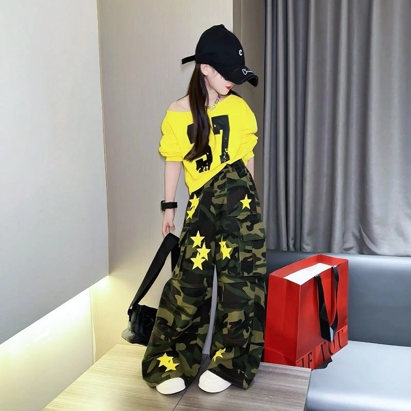 女童春款套装新款中大童卫衣复古工装迷彩阔腿裤洋气女孩两件套潮