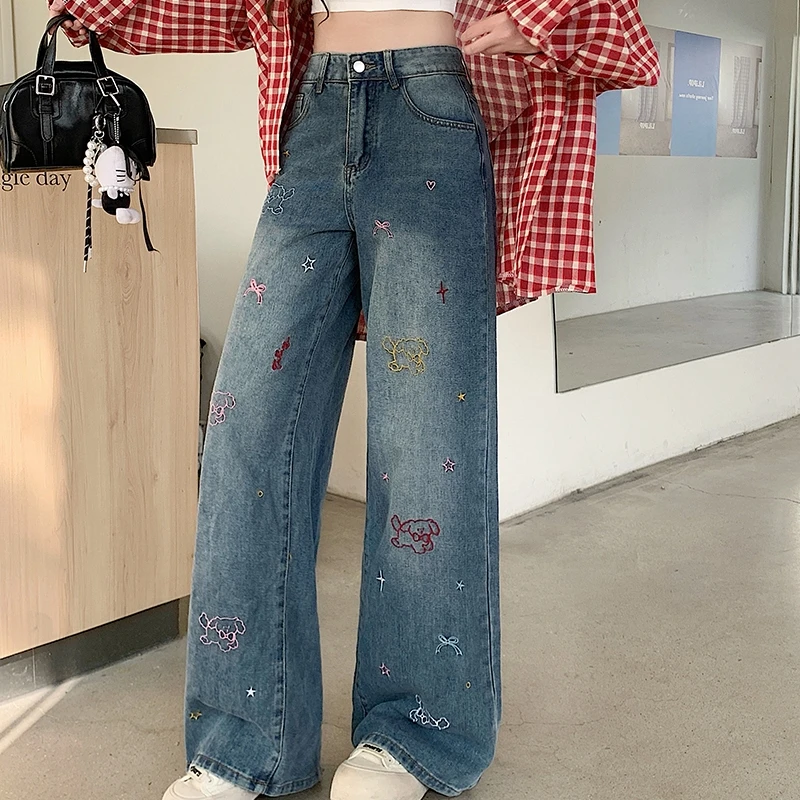 JJ061大码女装2025秋装新款胖mm高腰显瘦百搭小狗刺绣阔腿牛仔裤