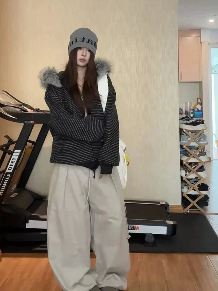 美式撞色条纹毛领连帽上衣女款冬季穿搭气质宽松开衫慵懒卫衣外套