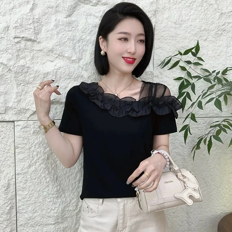 2025夏季不规则领氧气漏肩时尚百搭显瘦t恤短袖洋气修身上衣体恤